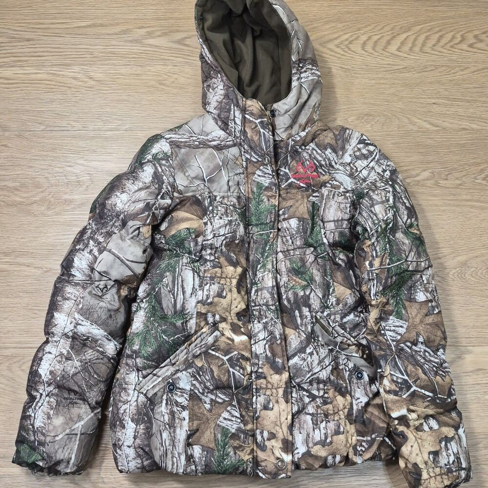 Realtree Camo Down Puffer Jacket Womens M Full Zip Snaps Hooded Insulated Coat